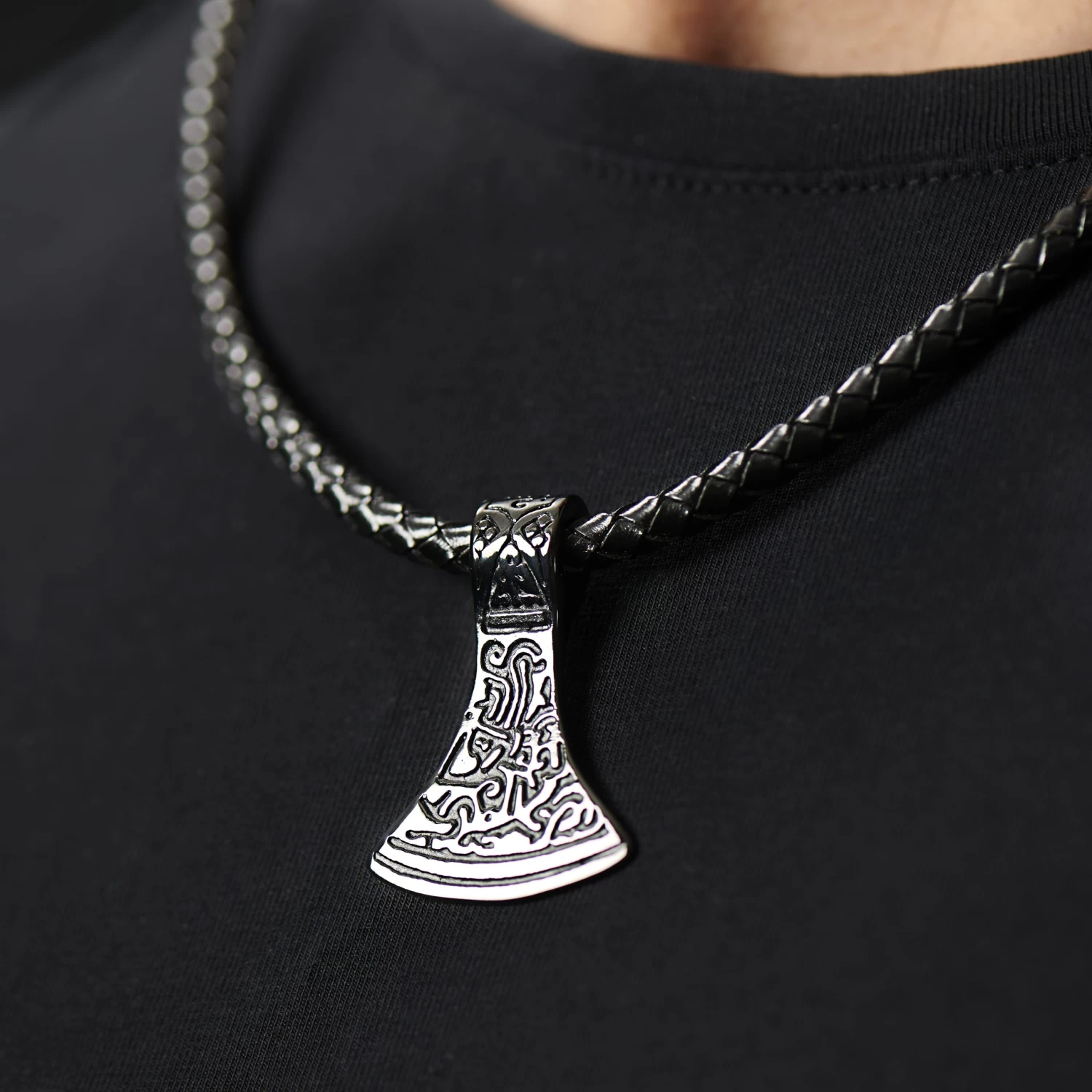 Black Leather With Black Stainless Steel Norse Axe Necklace - Image 3
