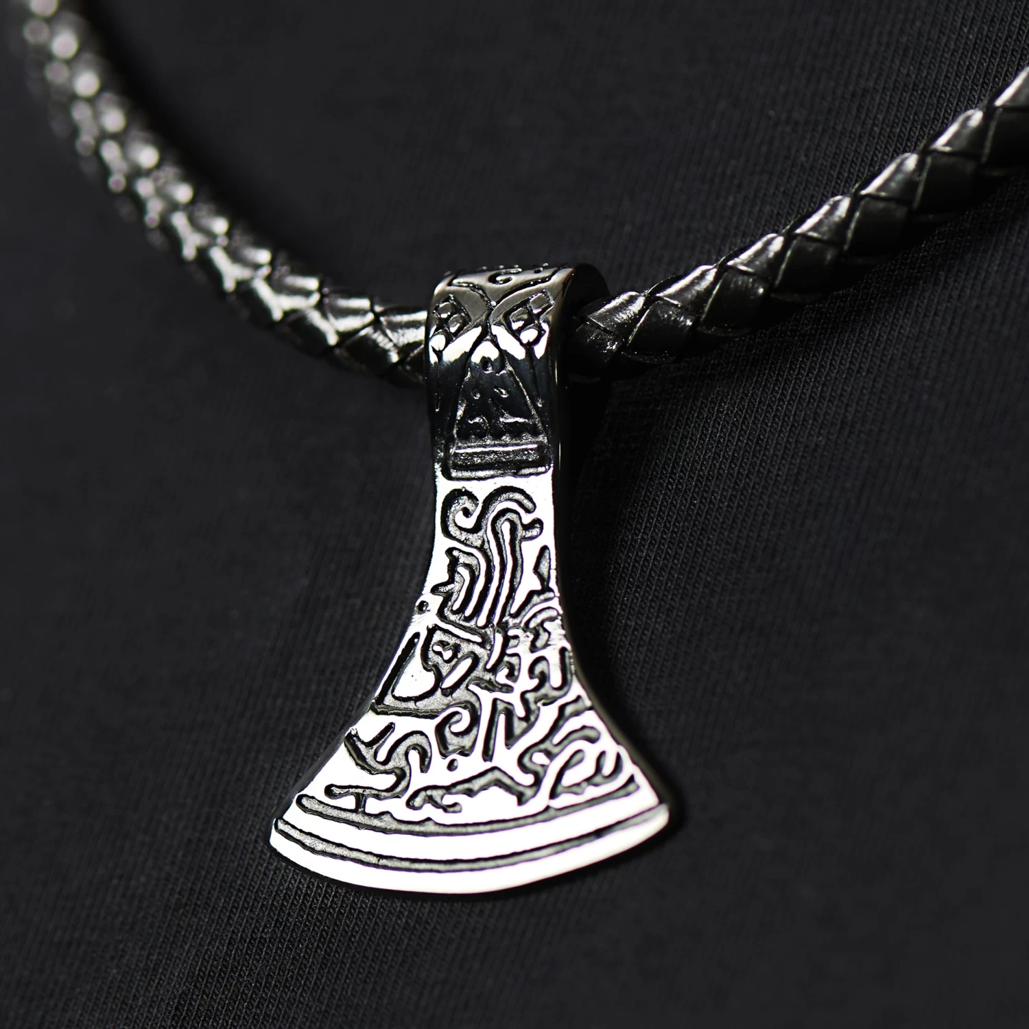 Black Leather With Black Stainless Steel Norse Axe Necklace - Image 7