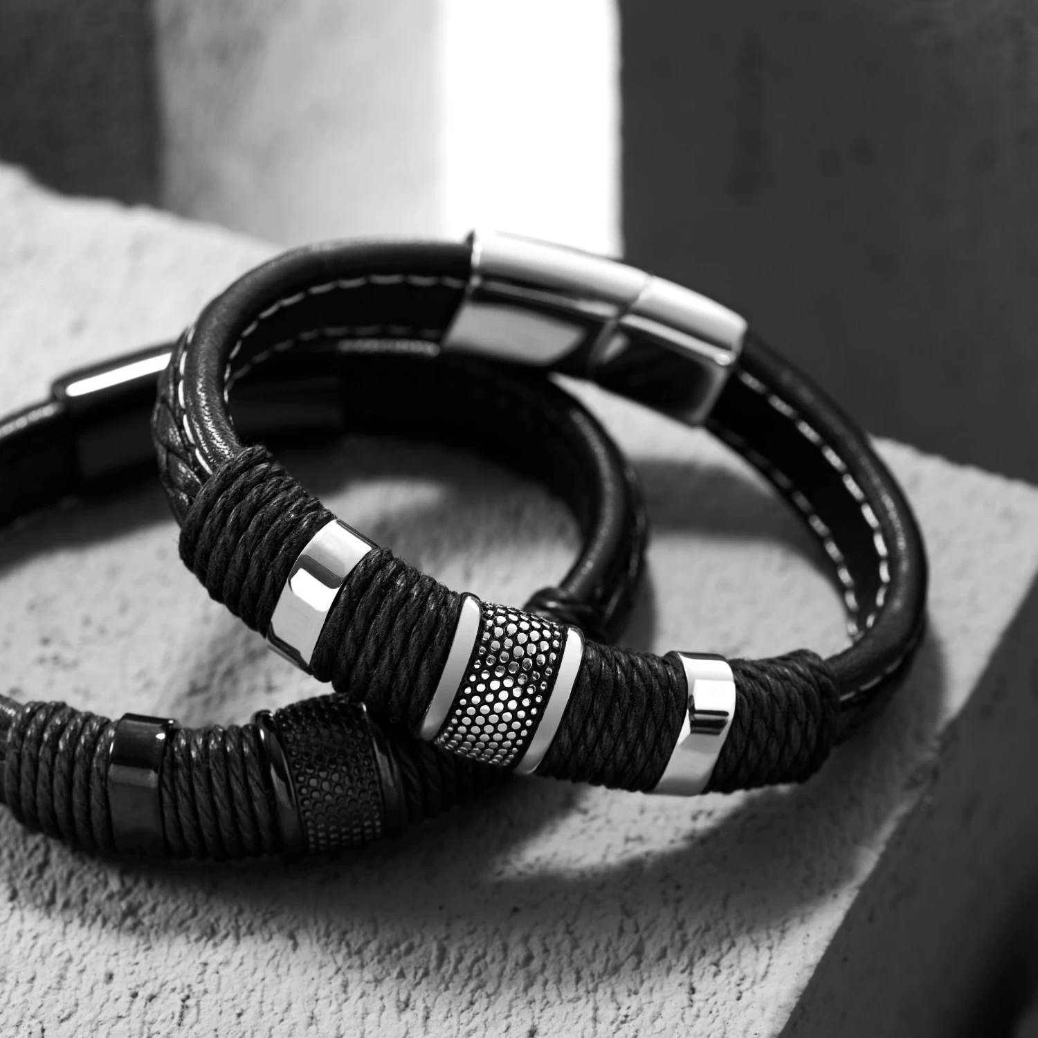 Icon | Black Leather & Silver-Tone Stainless Steel Bracelet - Image 5