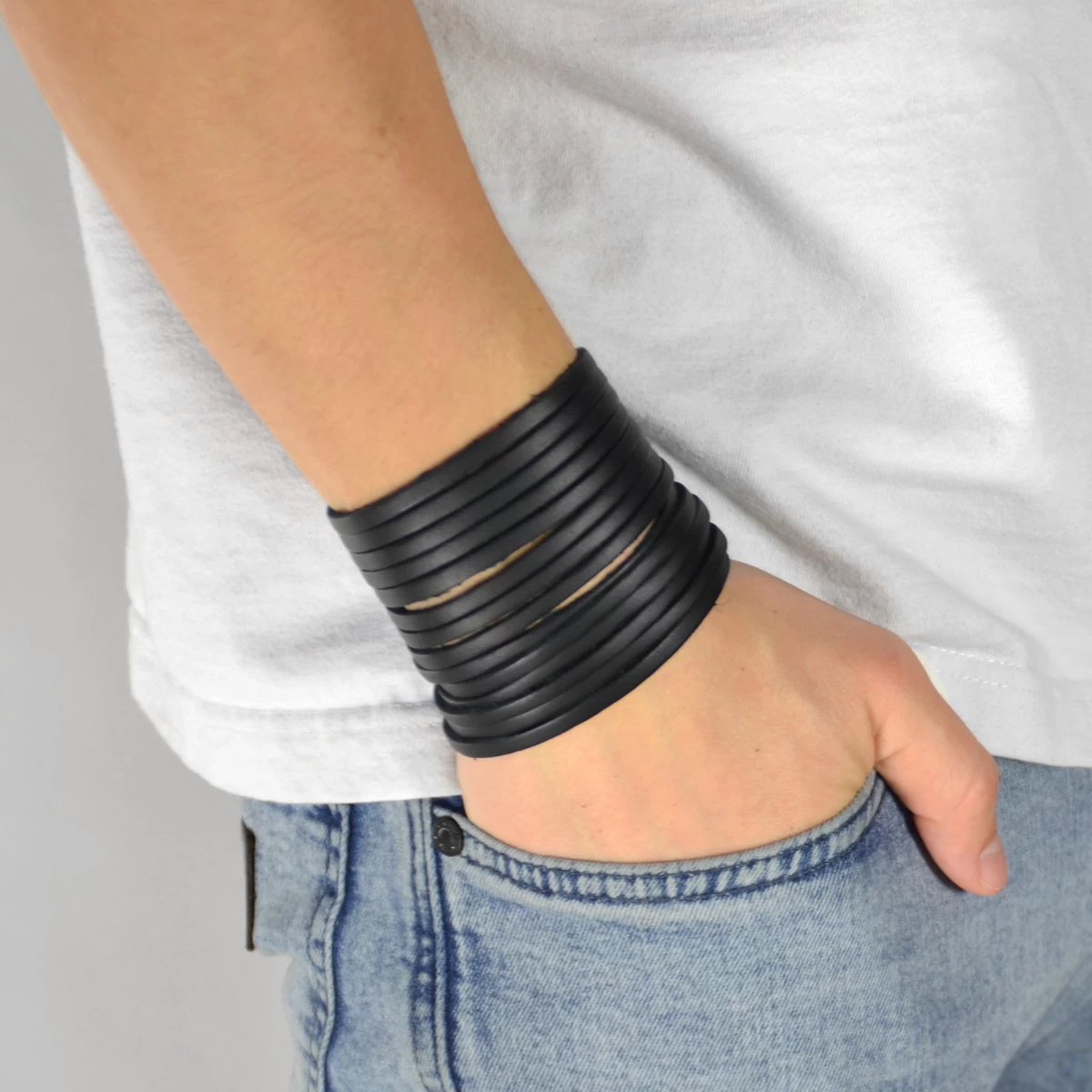 Black Leather Adjustable Wide Wrap Cuff Bracelet - Image 3
