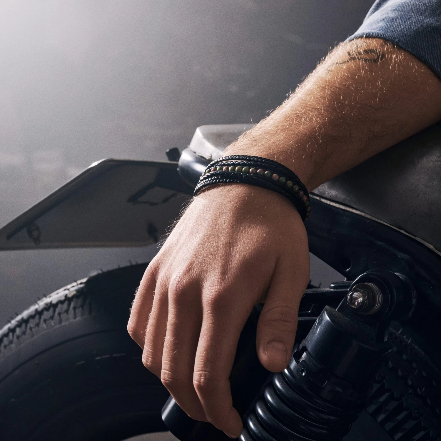 Naxos | Black Braided Leather & Unakite Bead Bracelet - Image 2