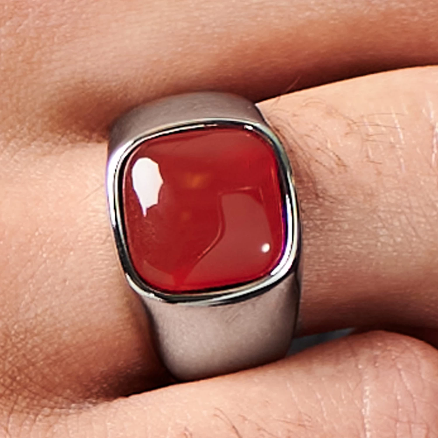 Gravel | Silver-Tone Stainless Steel & Red Onyx Signet Ring - Image 6